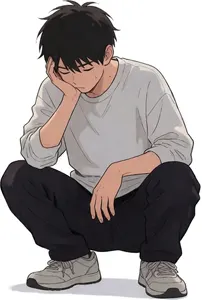 AI画像 しゃがんで悩んでいる少年