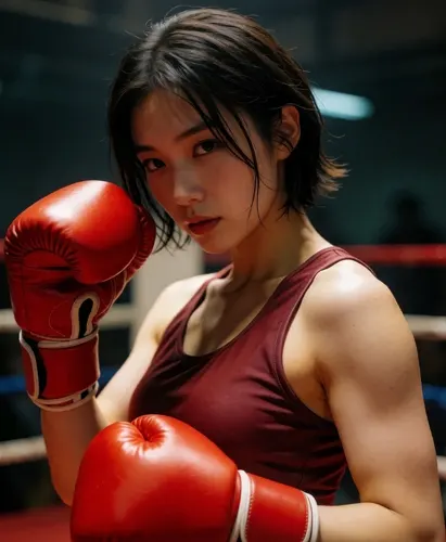 フリーAI画像, CC0 AI画像, 写真（AI画像）, 人物（AI画像）, 女性（AI画像）, アジア人女性, 若い女性, ポートレイト, スポーツ（AI画像）, 格闘技, ボクシング, ボクサー, ボクシンググローブ