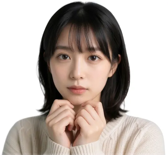 フリーAI画像, CC0 AI画像, 写真（AI画像）, 人物（AI画像）, 女性（AI画像）, アジア人女性, 若い女性, ポートレイト, 顎に指を当てる, 白背景