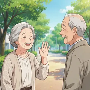 AI画像 挨拶するシニア女性とシニア男性