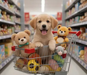 AI画像 おもちゃ屋のカートに乗る子犬のゴールデンレトリバー