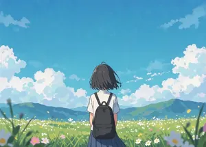 AI画像 青空と女子学生の後ろ姿