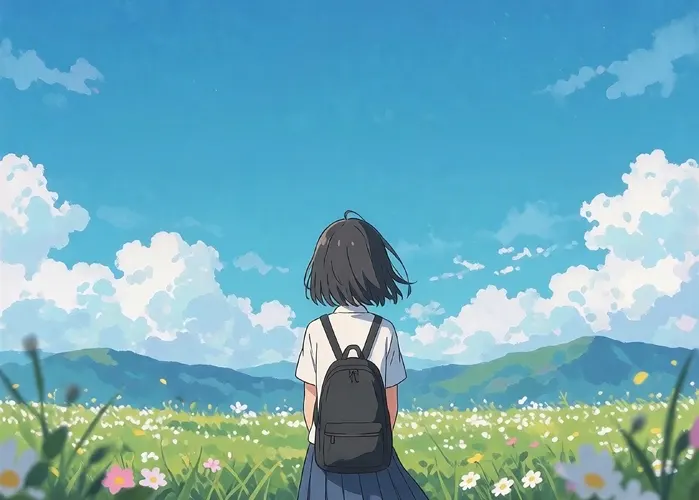 フリーAI画像, CC0 AI画像, イラスト（AI画像）, 人と風景, 少女（AI画像）, 学生（生徒）, 学生服, 後ろ姿, 青空, 草むら