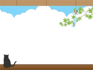 フリーイラスト 黒猫と夏の縁側の風景