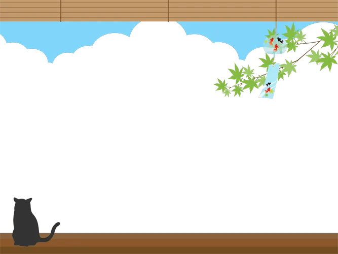 フリーイラスト, CC0 イラスト, ベクター, AI, 背景（イラスト）, 縁側, 夏（イラスト）, 風鈴, 猫（ネコ）, 黒猫, 楓（カエデ）, 青もみじ