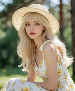 AI画像 麦わら帽子を被ってしゃがんでいるブロンドヘアの外国人女性