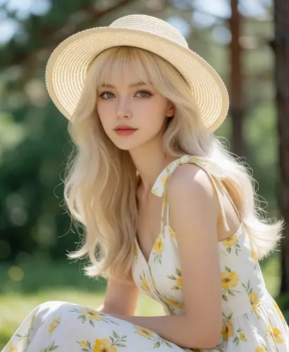 フリーAI画像, CC0 AI画像, 写真（AI画像）, 人物（AI画像）, 女性（AI画像）, 外国人女性, 若い女性, ポートレイト, 金髪（ブロンドヘア）, 帽子姿, 麦わら帽子, しゃがむ, ワンピース姿