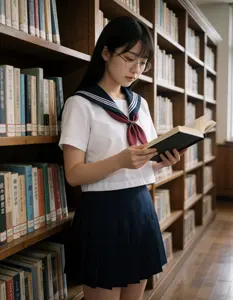 AI画像 図書室の本棚の前で本を読む女子学生