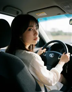 AI画像 後部座席を振り返る運転中のアジア人女性