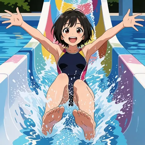 フリーAI画像, CC0 AI画像, イラスト（AI画像）, 人物（AI画像）, 少女（AI画像）, ウォータースライダー, 水しぶき, 水着姿, 夏（AI画像）, ワンピース（水着）