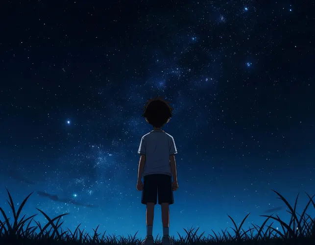 フリーAI画像, CC0 AI画像, イラスト（AI画像）, 人物（AI画像）, 人と風景, 子供（AI画像）, 男の子, 後ろ姿, 眺める, 夜, 夜空, 星, 天の川