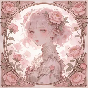AI画像 ミュシャ風の少女とバラの花のデザイン