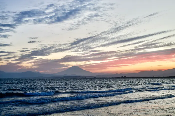 フリー写真, CC0 写真, 風景（写真）, 自然, 海, 富士山, 夕方（夕暮れ）, 夕焼け, 日本, 神奈川県