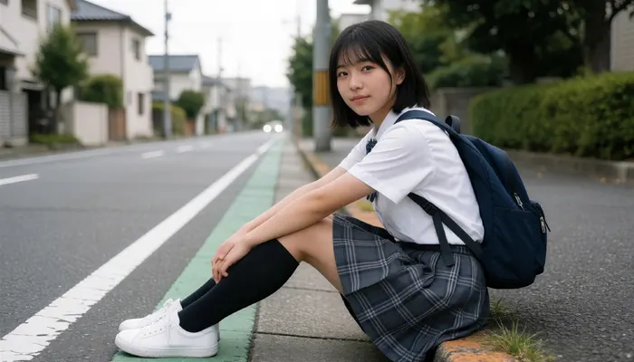 フリーAI画像, CC0 AI画像, 写真（AI画像）, 人物（AI画像）, 少女（AI画像）, アジアの少女, ポートレイト, 学生（生徒）, 学生服, 高校生, 中学生, スクールブラウス姿, 地面に座る