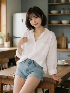 AI画像 食卓に腰掛けるブラウスとショートパンツ姿のアジア人女性