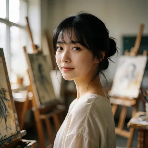 フリーAI画像, CC0 AI画像, 写真（AI画像）, 人物（AI画像）, 女性（AI画像）, アジア人女性, 若い女性, ポートレイト, 学生（生徒）, 大学生, アトリエ, 美術学校