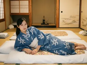 AI画像 旅館の布団の上に横たわる浴衣姿の日本人女性