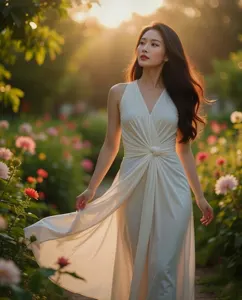 AI画像 ドレス姿で花畑を歩くアジア人女性