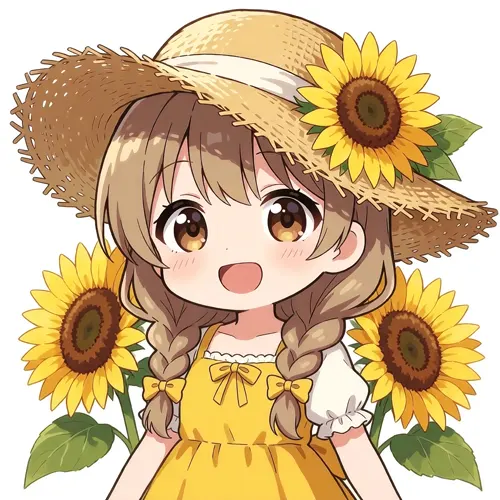 フリーAI画像, CC0 AI画像, イラスト（AI画像）, 人物（AI画像）, 子供（AI画像）, 女の子, 人と花, 向日葵（ヒマワリ）, 帽子姿, 麦わら帽子, 夏（AI画像）