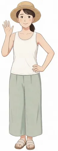 フリーAI画像, CC0 AI画像, イラスト（AI画像）, 人物（AI画像）, 女性（AI画像）, タンクトップ姿, 腰に手を当てる, 全身（AI画像）, 帽子姿, 麦わら帽子, 夏（AI画像）, 全身（AI画像）, 腰に手を当てる