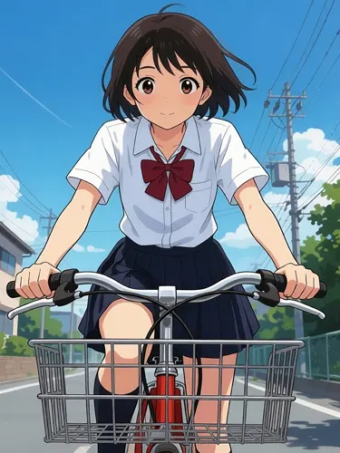 フリーAI画像, CC0 AI画像, イラスト（AI画像）, 人物（AI画像）, 少女（AI画像）, 学生（生徒）, 学生服, 高校生, 中学生, スクールブラウス, 自転車, 通学