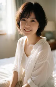AI画像 ベッドに座るショートヘアのアジア人女性