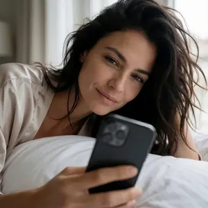 AI画像 スマホを見ている寝起きの外国人女性