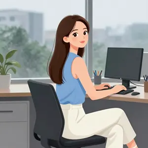 AI画像 振り返るパソコン作業中の女性会社員