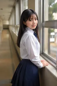 AI画像 学校の廊下の窓の前に立つ女子学生
