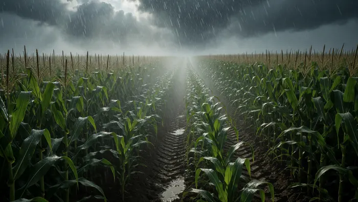 フリーAI画像, CC0 AI画像, 写真（AI画像）, 風景（AI画像）, 畑, 作物, とうもろこし, 雨