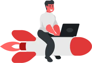 フリーイラスト ロケットにまたがってパソコン作業する男性