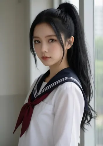 フリーAI画像, CC0 AI画像, 写真（AI画像）, 人物（AI画像）, 少女（AI画像）, アジアの少女, ポートレイト, 学生（生徒）, 学生服, 高校生, セーラー服, ポニーテール