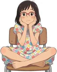 AI画像 頬に手を当てながら椅子の上であぐらをかく女の子