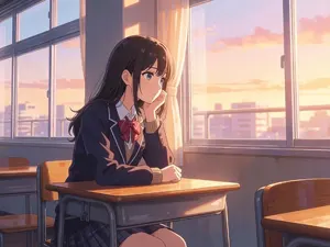 AI画像 放課後に教室に残って窓の外を眺めている女子学生
