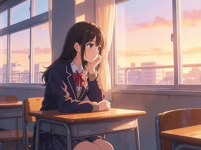フリーAI画像, CC0 AI画像, イラスト（AI画像）, 人物（AI画像）, 少女（AI画像）, 学生（生徒）, 学生服, 高校生, 中学生, ブレザー（制服）, 椅子に座る, 教室, 学校, 頬杖をつく, 眺める