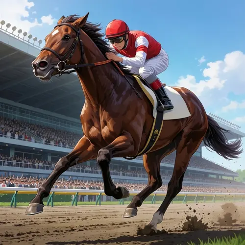フリーAI画像, CC0 AI画像, イラスト（AI画像）, スポーツ（AI画像）, 競馬, 競馬騎手（ジョッキー）, 乗馬, 人と動物, 動物（AI画像）, 哺乳類, 馬（ウマ）, 賭博（ギャンブル）, 走る（動物）