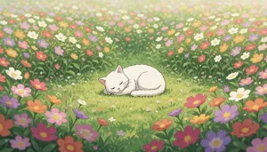 AI画像 花畑で眠る白猫