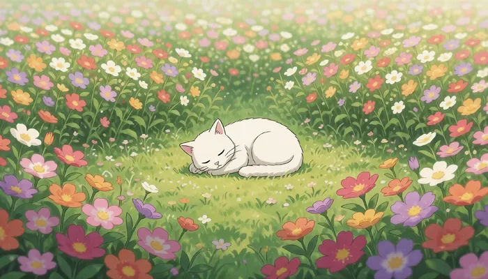 フリーAI画像, CC0 AI画像, イラスト（AI画像）, 猫（ネコ）, 白猫, 寝る（動物）, 植物（AI画像）, 花（AI画像）, 花畑