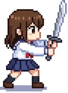 AI画像 剣を振るドッド絵風の女子学生