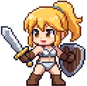 AI画像 盾と剣を持ったドッド絵風の少女