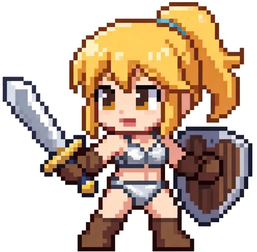 フリーAI画像, CC0 AI画像, イラスト（AI画像）, ドット絵, 人物（AI画像）, 少女（AI画像）, 戦士, 剣（ソード）, 盾（シールド）