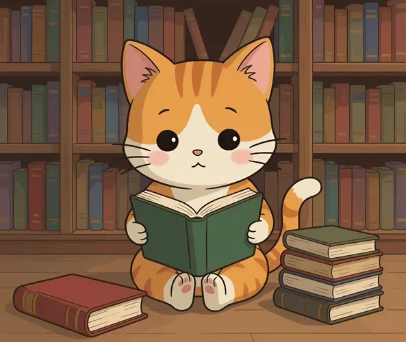 フリーAI画像, CC0 AI画像, イラスト（AI画像）, 動物（AI画像）, 哺乳類, 猫（ネコ）, 読書（読む）, 本（ブック）, 本棚