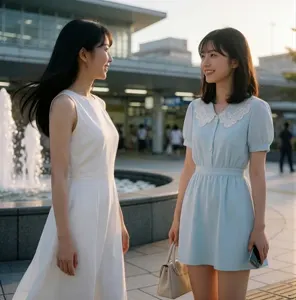 AI画像 噴水の前で待ち合わせした二人のアジア人女性
