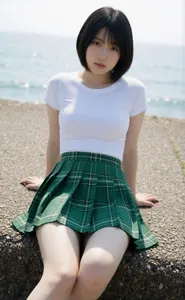 AI画像 防波堤に座るTシャツとミニスカート姿のアジア人女性