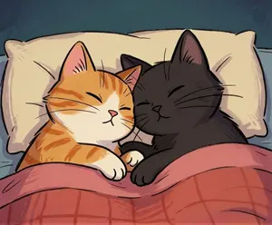 AI画像 布団の中で一緒に眠る二匹の猫