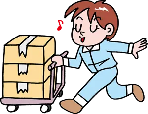 フリーイラスト 台車を押して荷物を届ける宅配スタッフ