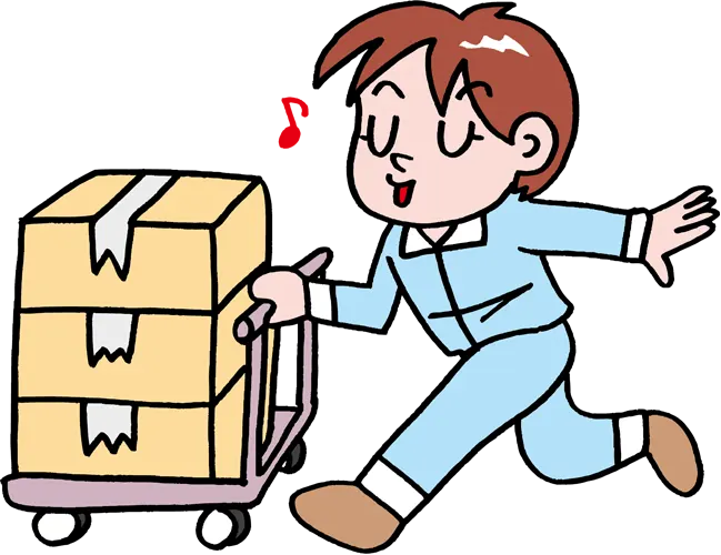 フリーイラスト, CC0 イラスト, ベクター, AI, 人物（イラスト）, 男性（イラスト）, 仕事, 職業, 運輸業（運送業）, 宅急便（宅配便）, 段ボール（ダンボール）, 荷物, 台車