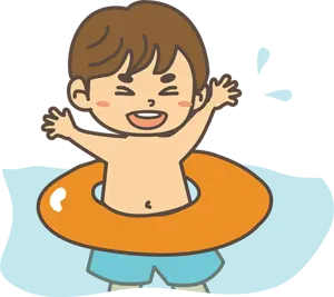 フリーイラスト 浮き輪をしてプールに入る男の子