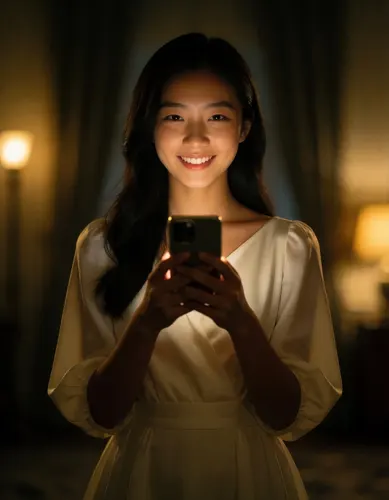 フリーAI画像, CC0 AI画像, 写真（AI画像）, 人物（AI画像）, 女性（AI画像）, アジア人女性, 若い女性, ポートレイト, スマートフォン（スマホ）, 光（ライト）