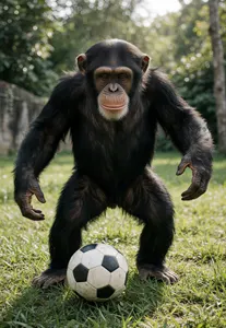 AI画像 サッカーボールで遊ぶチンパンジー